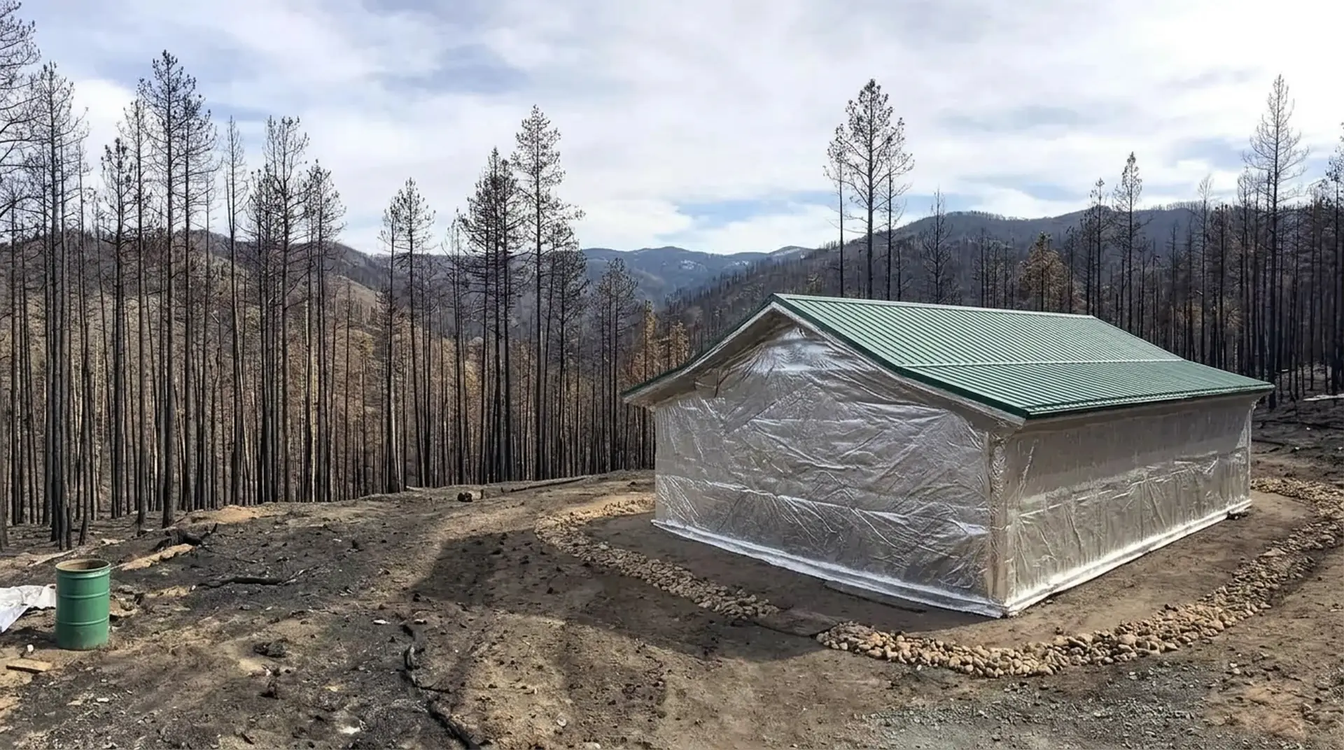 FireFoil™ aluminized wildfire structure shield deployed on a building