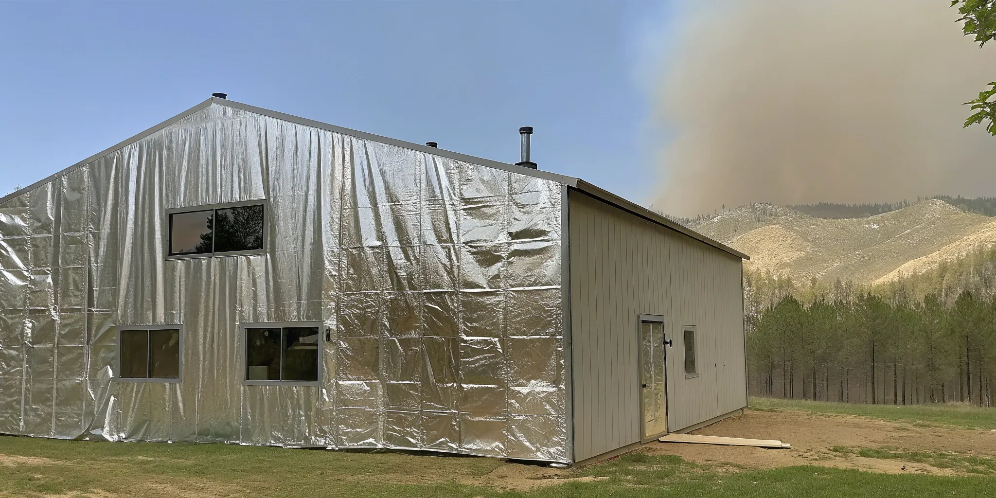 Reflective material shields a house from radiant heat.
