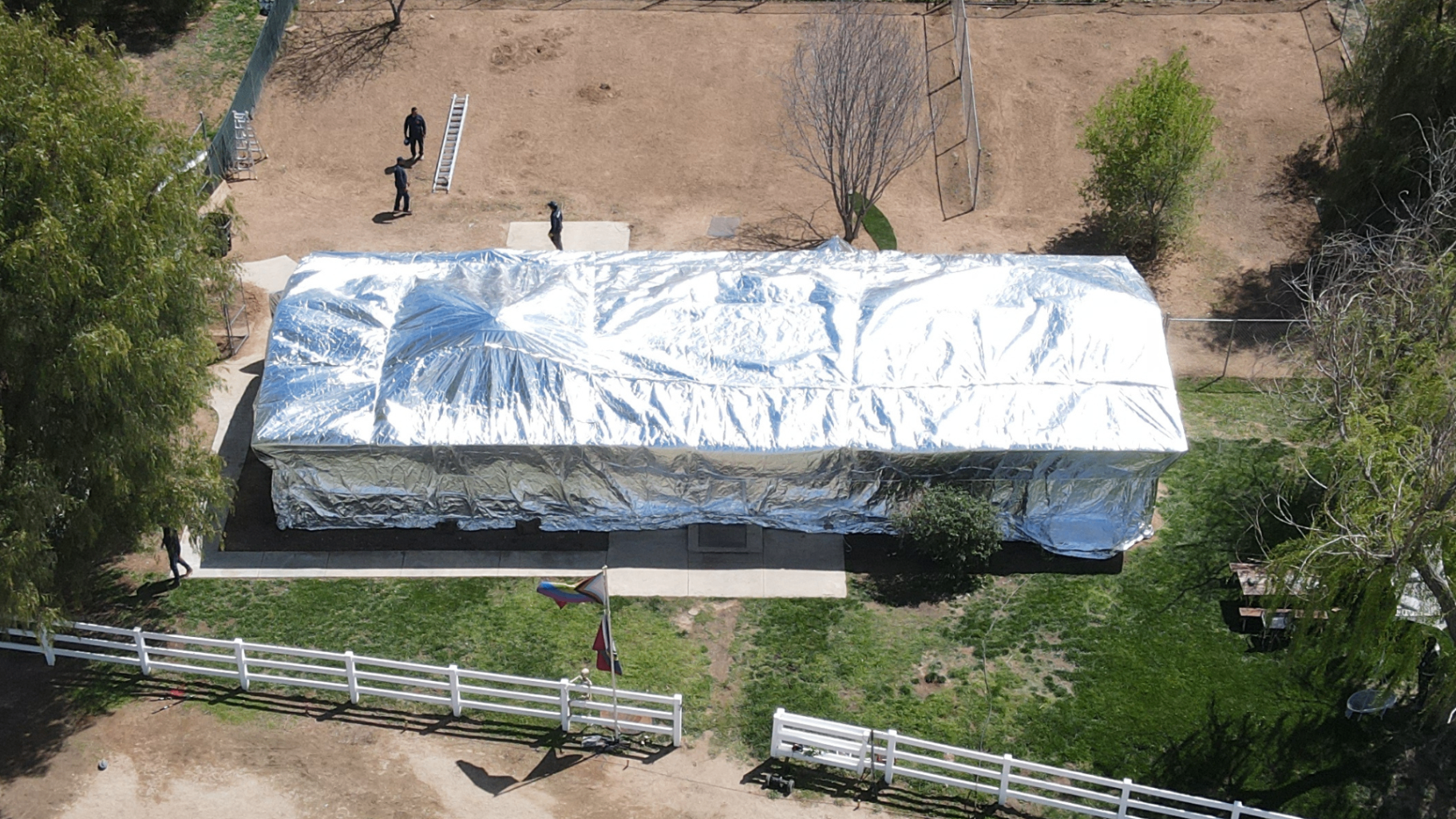 Aerial view of complete house wrapped with FireFoil wildfire shields
